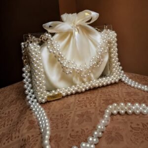 **Pearl Satin Potli Handbag with Pearl Chain**