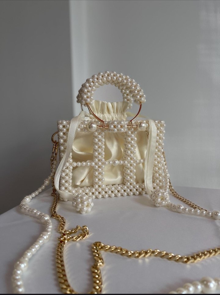 Title: Luxury Pearl Satin Mini Handbag with Gold Chain – Elegant Handmade Party Bag